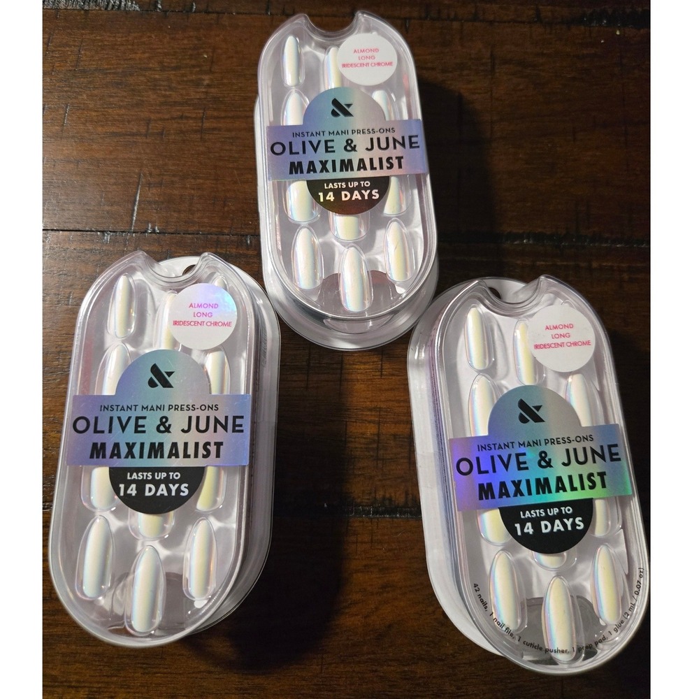 Olive & June 3PK Maximalist Press-On Nails Iridescent Chrome Long‎ Almond NEW